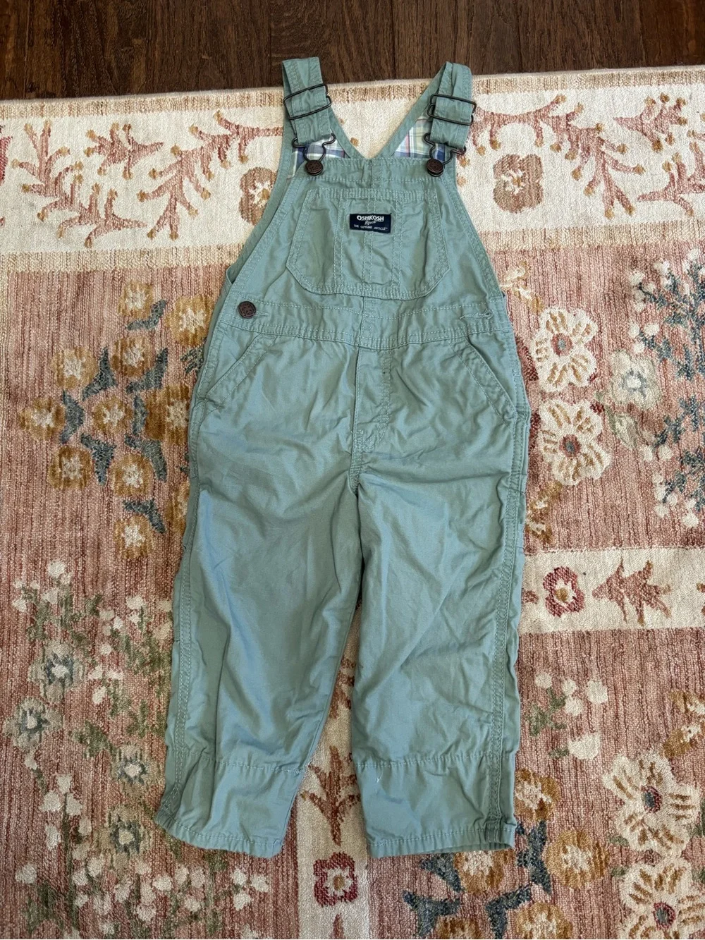 OshKosh B'gosh Sage Green Kids Overalls with Plaid Lining